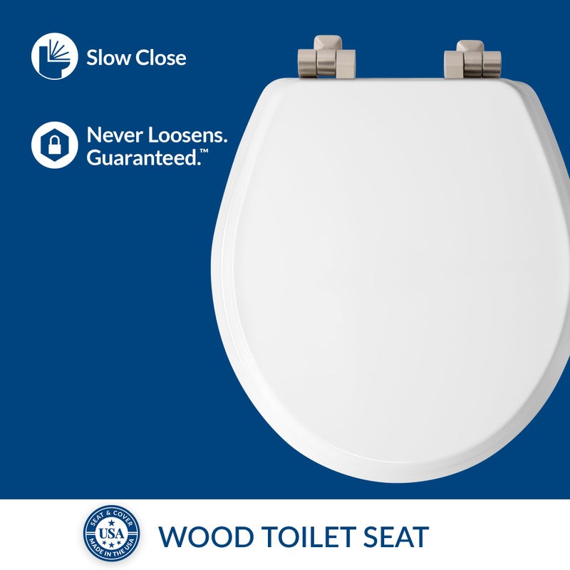 Mayfair Bennett Toilet Seat with Brushed Nickel Hinges, Slow Close Wood Seat, Secure Metal Hinges, Easy Install, Made in USA, Round, White - Image 3